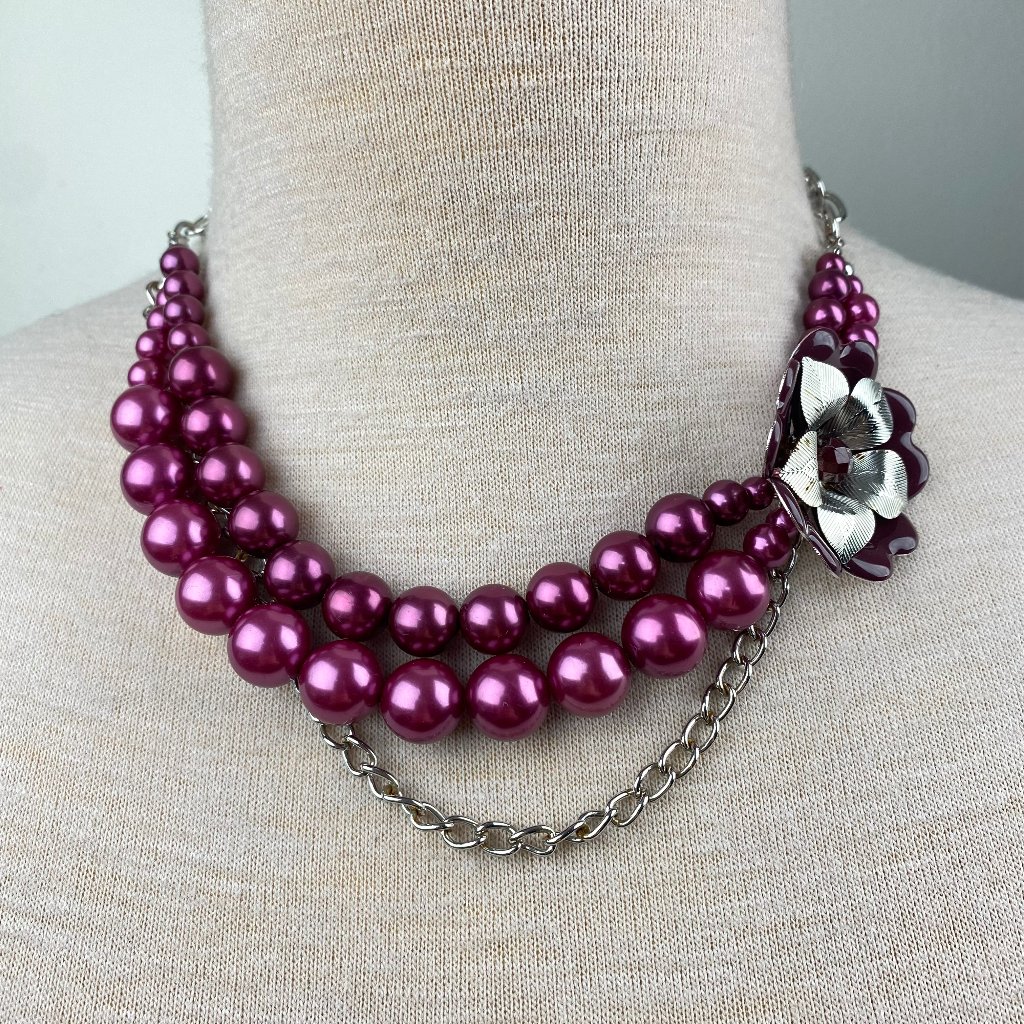Ny Collection Faux Pearl Purple Flower Bead Necklace Silver Tone 22 12$